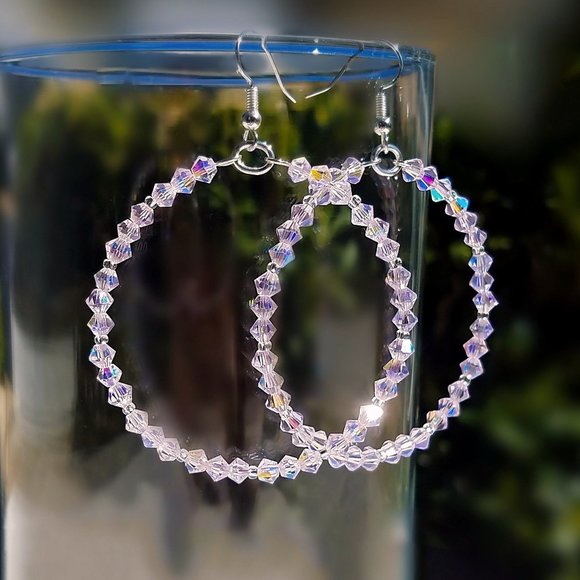 Pink Crystal Hoop Earrings/ Cute Beaded Hoop Earrings/ Big Sparkly Pink Hoops - Picture 1 of 1